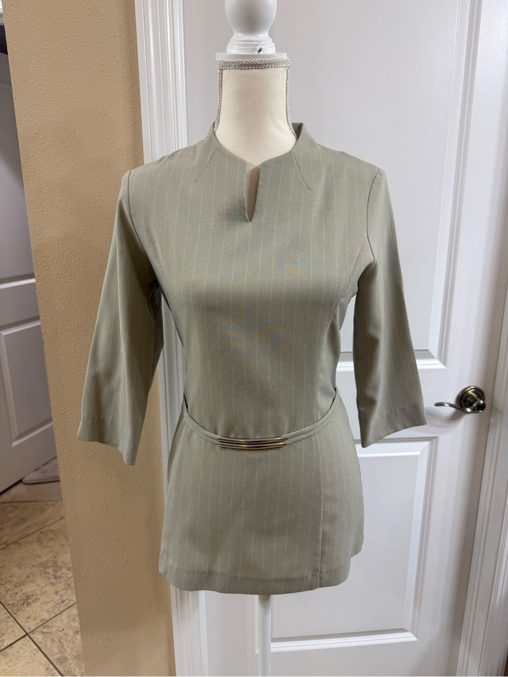 Women's Sage Pinstripe Split-Neck Belted Top